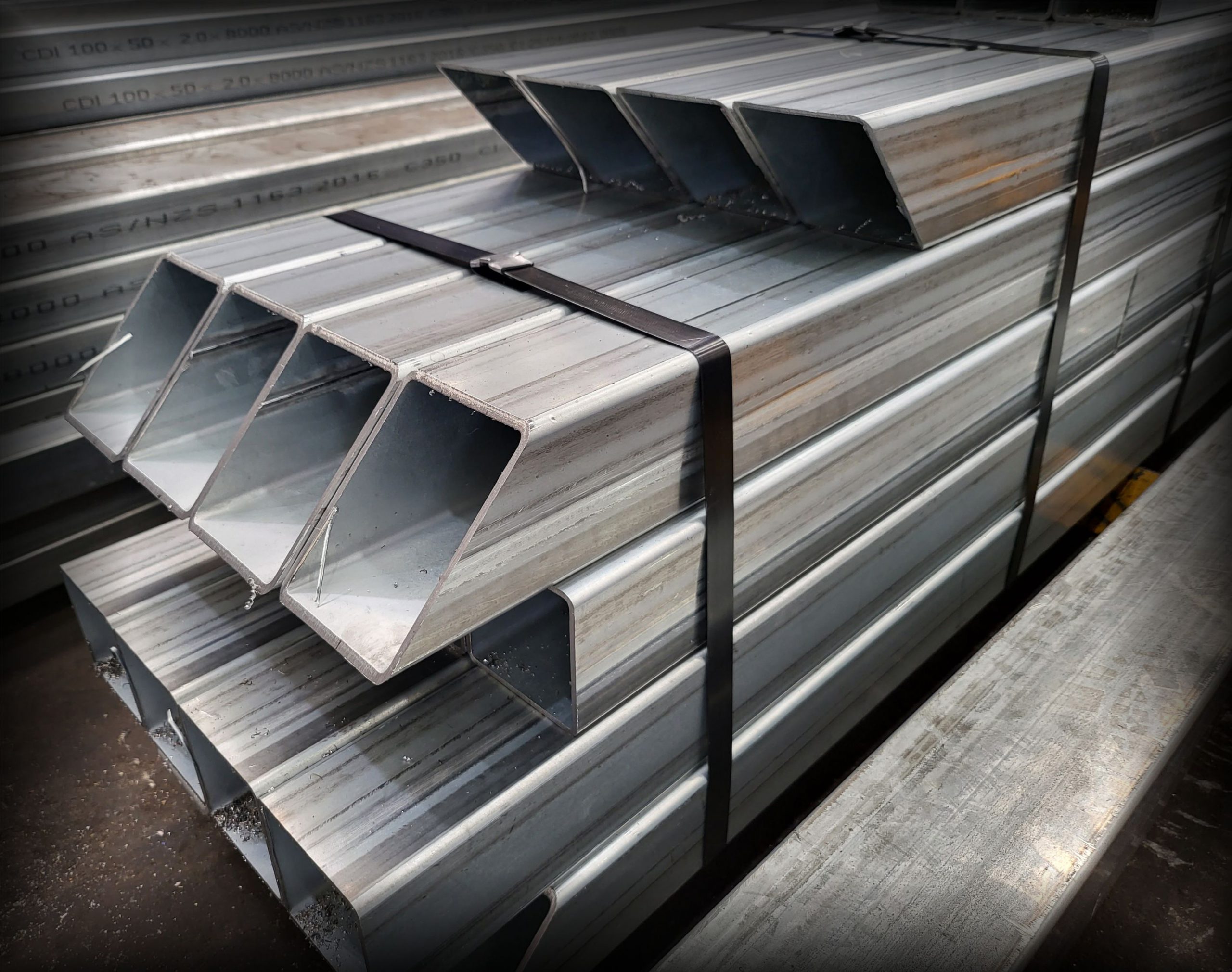 Stacked galvanised steel rectangular hollow sections, securely bundled.