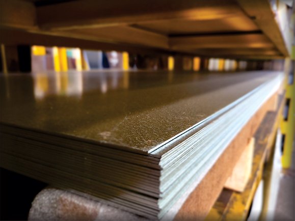 Galvanised steel sheet in rack